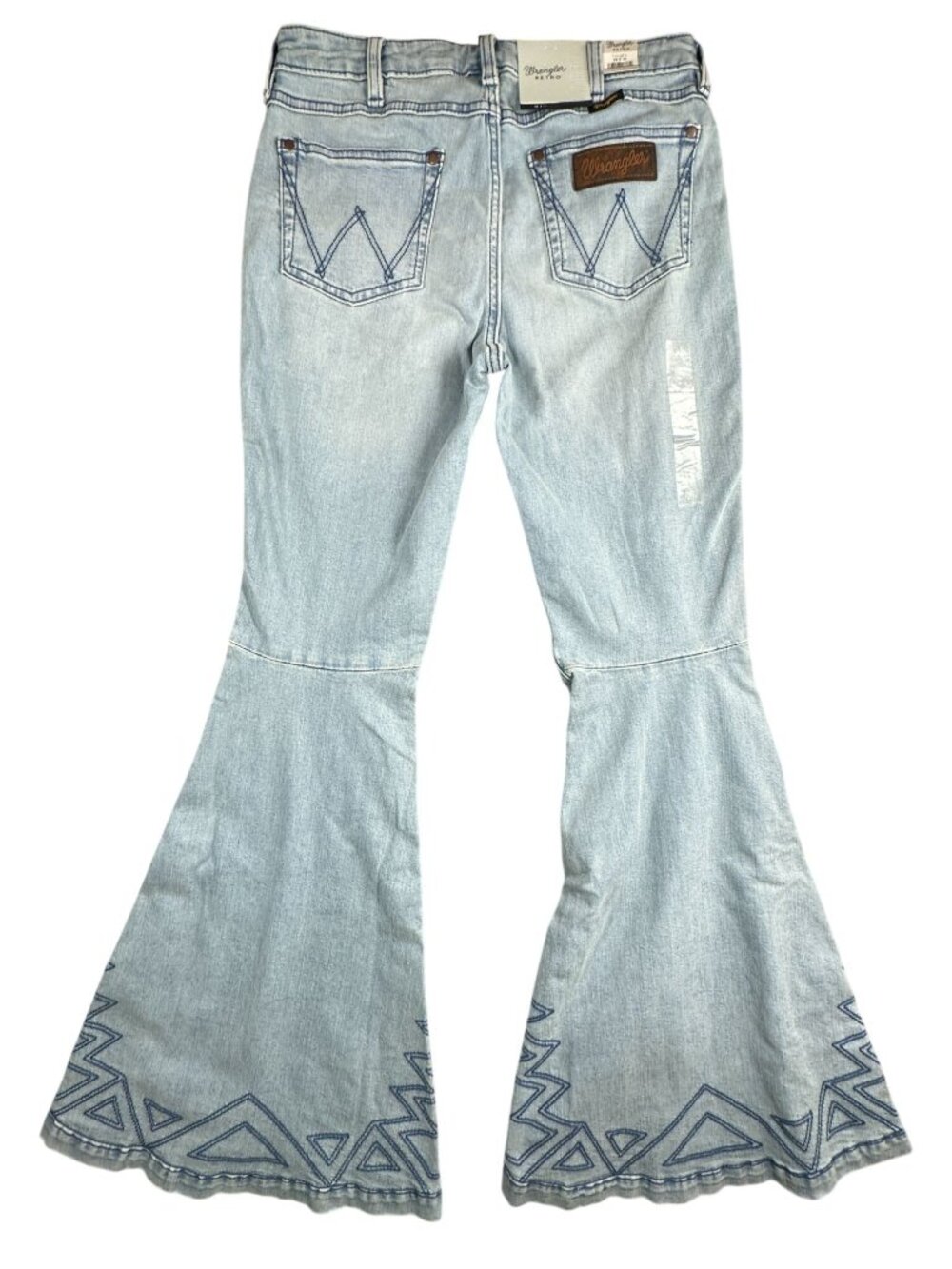 Wrangler Flare Jeans Size 29 x 34 Light Wash Blue Geometric Embroidery Retro - Picture 7 of 10